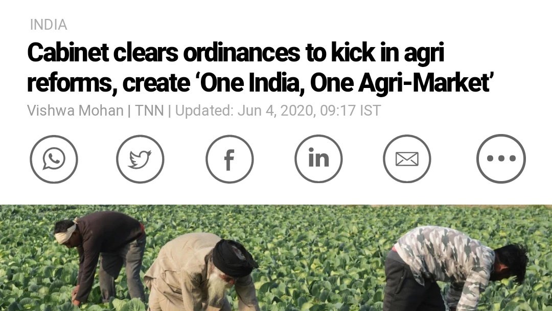 04 Jun 2020Union Cabinet cleared 3 ordinances meant for reforms in Agricultural sector. These proposed reforms came in the backdrop of the speeches made by PM Modi and Nirmala Sitharaman in May 2020, during the announcement of 20 lac crore Covid relief package.