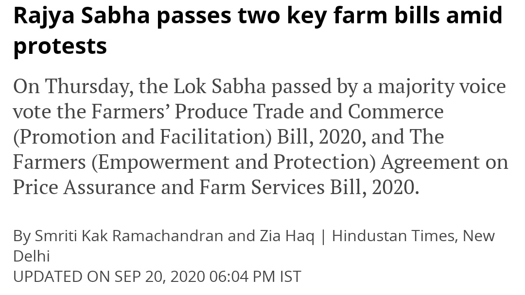 17-20 Sept 2020All the three bill were presented and cleared in the Lok Sabha and Rajyasabha. The then Food processing Minister, Harsimrat Badal, resigned and Akali Dal pulled out as a symbolic protest. Interesting thing is that Rahul Gandhi went overseas during same time.