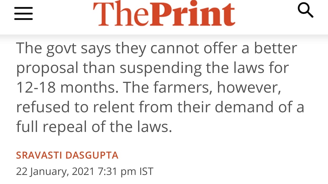 12 Jan 2021Supreme court of India offered to make a committee comprising of the stateholders to examine the laws but the proposal was rejected by the farmer associations.21 Jan 2021Govt offered to stay the laws for 18 months for consultation but that was also rejected.