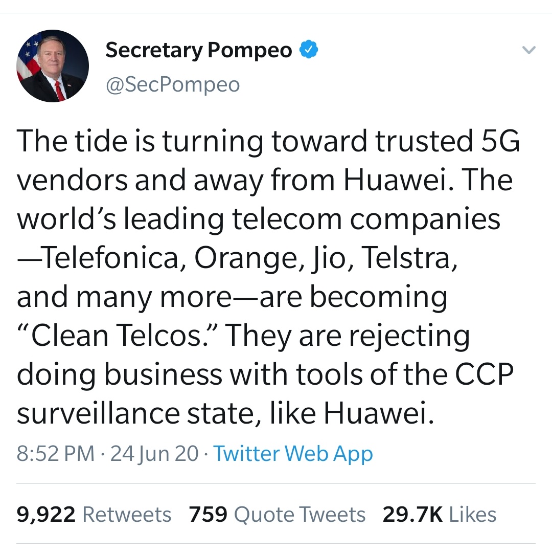 24 Jun 2020Taking you back to June when Donald Trump started a campaign to weaken China by calling them out for "Chinese Virus". The then US Sec of State, Mike Pompeo urged countries to stop working with Huawei on the 5G tech and rather suggested to work with clean teclos.