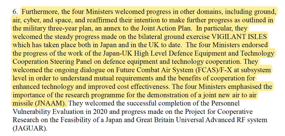 d. Para 6 further details how far one has gone - of particular note here is the intention of looking not just at practical ‘integration’, but also capabilities development. For Jpn security wonks: read diversification in addition to US alliance.