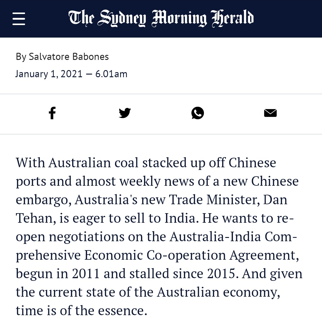 Well Gautam Adani has been rattling the Chinese for long. He has been working closely with the Australian government on Coal Mines, Railway projects etc. With the Chinese putting buisness pressure on Aus, they are turning towards India in which Adani is a major partner.