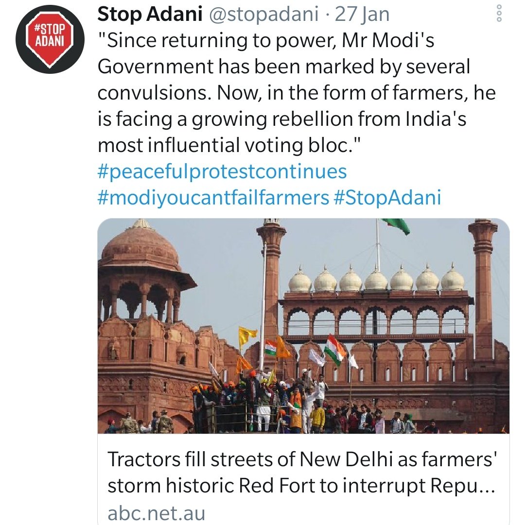 If you think that @/Stop Adani campaign is just limited to what Adani has to do with Australia, you are in for a big surprise. If you visit their Twitter, you will see them spreading propaganda for things happening in India. They are tweeting about Farms protests too.