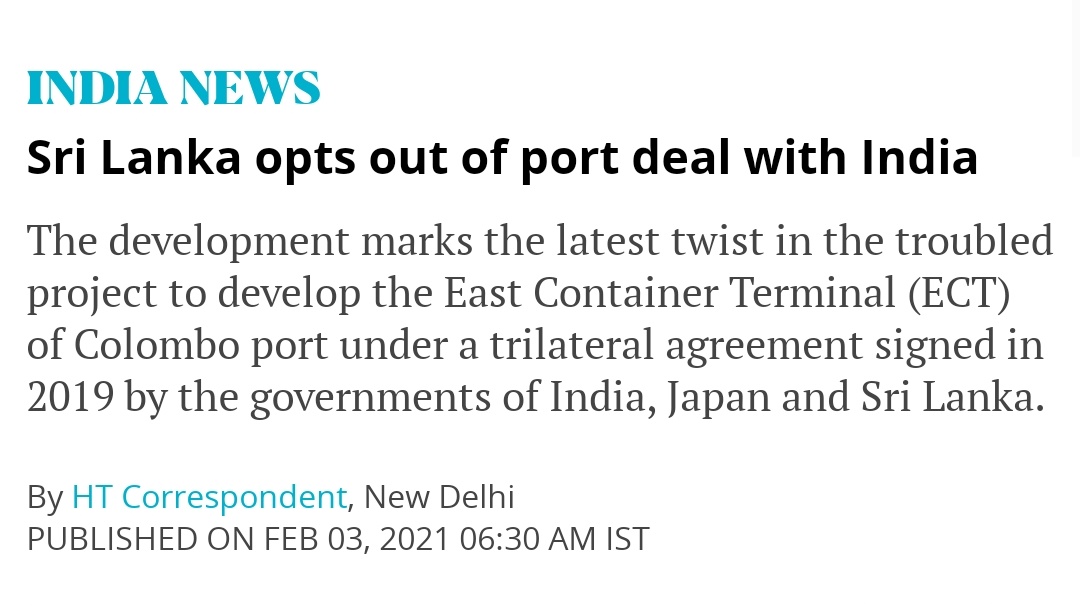 This port development was to be done through the Indian Company Adani Ports. China clearly lost influence over one of their strong holds. In turn, they funded the local labour unions to put pressure on SL govt not to work with India. SL cancelled the agreement on 1 Feb, 2021.