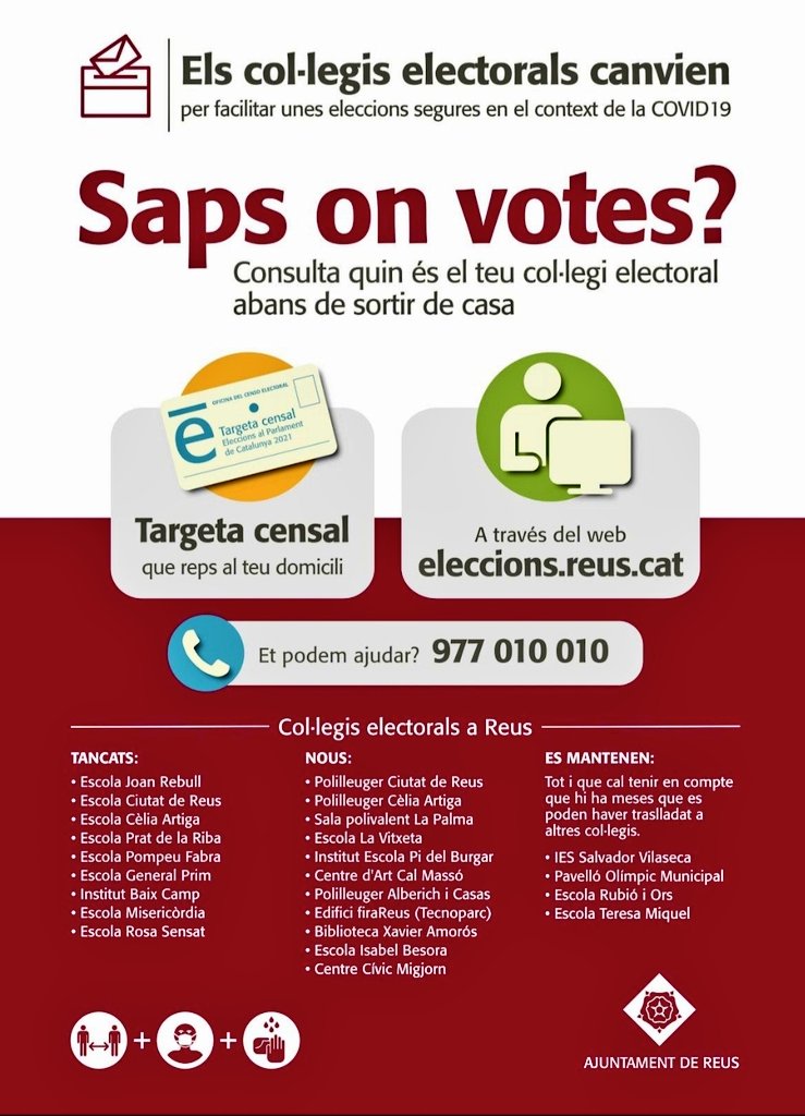 🗳 ELECCIONS 14F
50.000 electors de #Reus canviaràn de col•legi electoral.Trobareu més informació aquí: eleccions.reus.cat