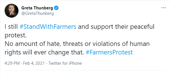 #GretaThunberg tweets, “Still stand with farmers. No amount of hate, threats will change that”, minutes after Delhi Police files FIR against her #farmersprotest