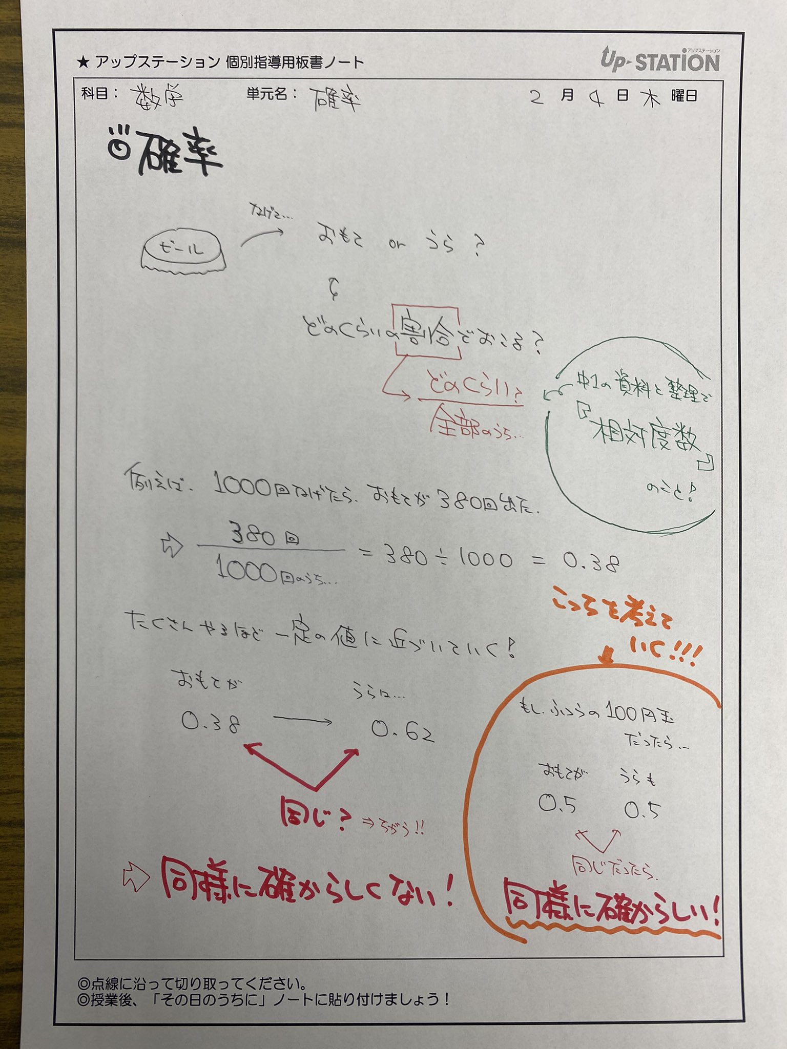 個別指導塾 アップステーション En Twitter 中2数学 確率の基本 授業は先取りなので 初めて習うことを前提に説明します 今回は 中2の 確率の板書ノートです ただ答えが出せるだけではなく ちゃんと 同様に確からしい という言葉の意味も理解してもらいました