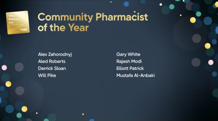 AlRobPharm's tweet photo. Very proud to be nominated for community pharmacist of the year at this years #wellawards held tonight, just a shame I’ll be watching from my living room rather than enjoying it in person 🍾🍷😂 https://t.co/42YT2sfLj7