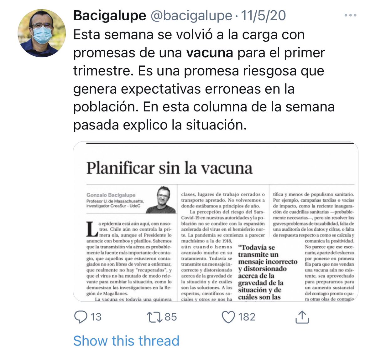 mizrahi_matias's tweet photo. Ya con contratos cerrados, anuncios y compromisos del gobierno y empresas, para Bacigalupe no tendriamos vacunas. Compara a Piñera con Putin, y escribe columna diciendo que todo era mentira.... la vacuna ya estaba bajo revision de la FDA en ese momento. https://t.co/NltI4jjZDw