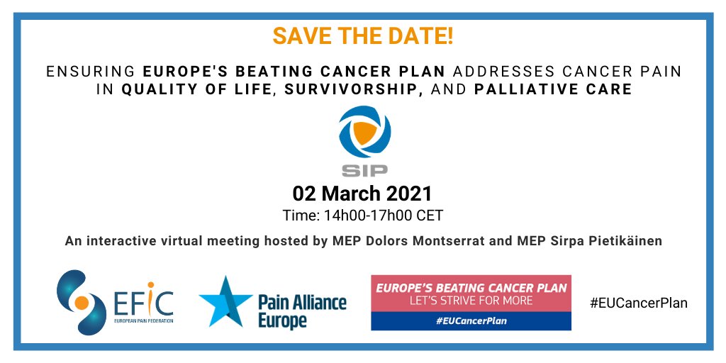 On the occasion of #WorldCancerDay, SIP announces its event “Ensuring Europe’s Beating Cancer Plan addresses #cancer pain in quality of life, survivorship, and palliative care” on 2 March. MEPs <a href="/DolorsMM/">Dolors Montserrat</a> and <a href="/spietikainen/">Sirpa Pietikäinen🇫🇮🇪🇺</a> will host the event! Register now: bit.ly/3tsb7Vu