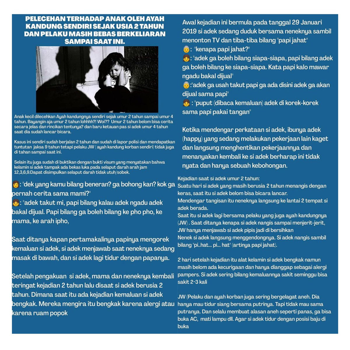 2beer! PLS UP AND SHARE!!

⚠️ TW SEXUAL ASSAULT/PEDOPHILIA⚠️

GILA YA GUE BACANYA MARAH BANGET PLS BANTU SHARE BIAR SI ADEK DAPET KEADILAN!!!!

kesaksian mama korban (video) bisa diliat di ig lets.talkandenjoy