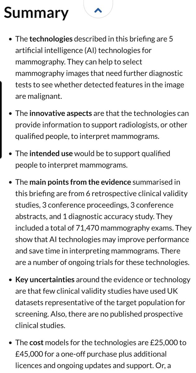<a href="/NICEComms/">NICE</a> #medtech #innovation briefing on #AI in #BreastCancer #screening 🎀 <a href="/FHFT_LearningOD/">Frimley Health Learning and OD 💙</a> <a href="/NCIMImaging/">NCIMI</a>
71,470 mammograms
Shows #AI technologies improve performance &amp; save time
Key uncertainties- few UK based studies &amp; no published prospective studies
nice.org.uk/advice/mib242/…