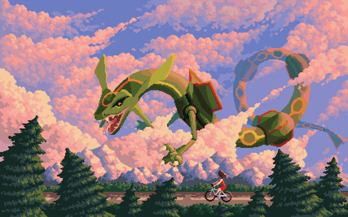 This started as "bicycle.aseprite" and ended as "rayquaza.png". It's been a fun piece and I learned a lot with it, hope you like it :)

#PixelArt #Pokemon #ドット絵 #Rayquaza