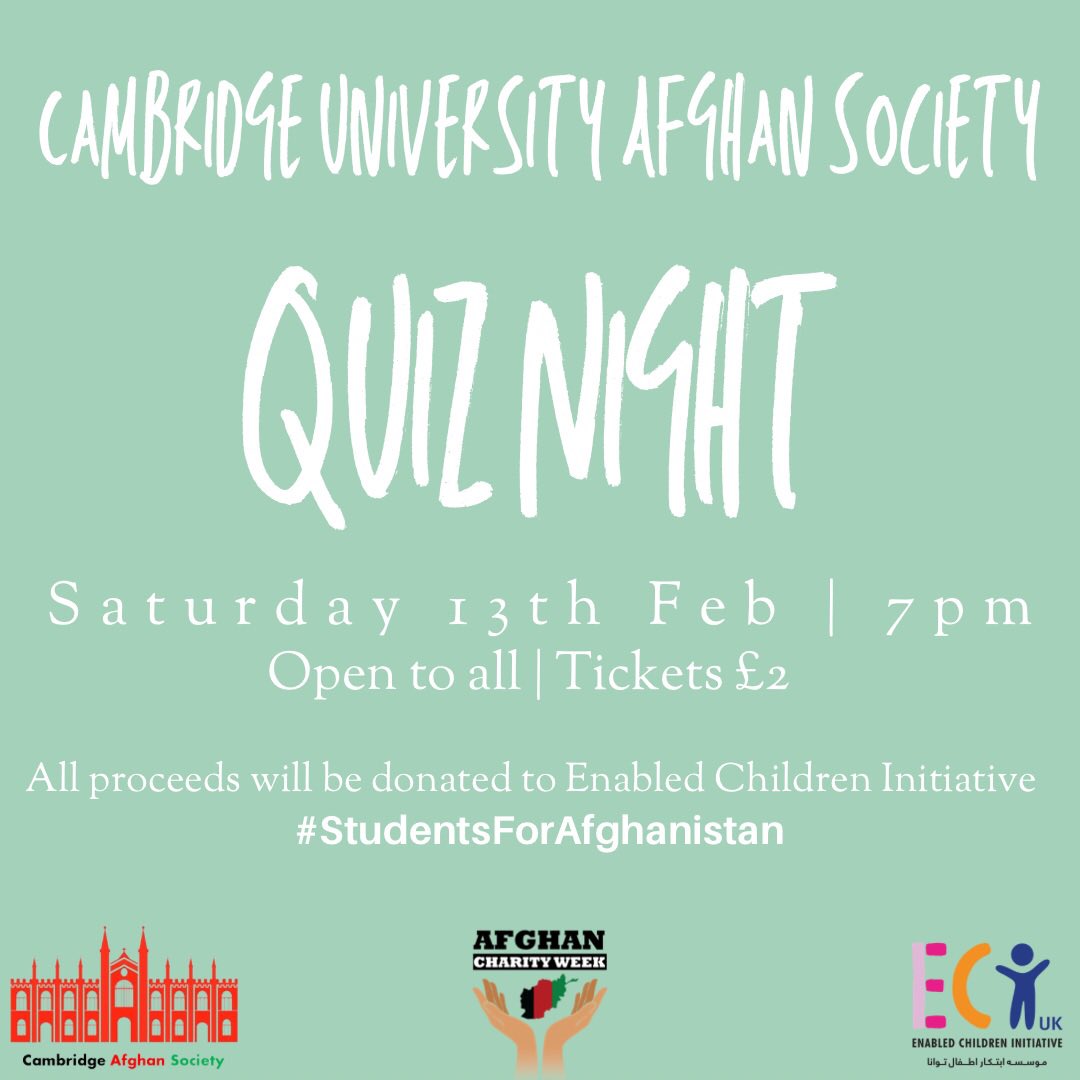 cu_afghansoc's tweet photo. Salam everyone! We are excited to start off @afghancharitywk with a Quiz Night! Come prepped with your best Afghan trivia knowledge!! 🤓 

Register now and book your tickets to join us on Saturday 13th Feb, 7pm. You will be emailed a Zoom link on the day of the event. Open to ALL https://t.co/zIqCTkG6ns