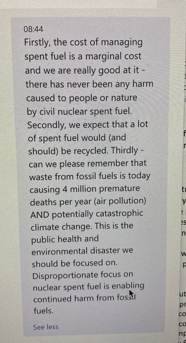 Here’s my answer. Firstly, the cost of managing spent fuel is a marginal cost, and we add really good at it - there has never been any harm caused to people or nature by civil nuclear spent fuel. Secondly, we expect that spent fuel would (and should) be recycled.