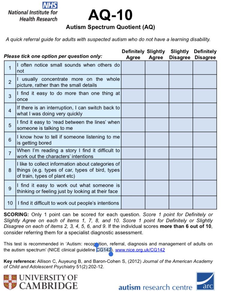 Looking back at the AQ10, a screening questionnaire for autism used in the UK, I wonder how I managed to tick any boxes. For every single question I really wanted to reply “it all depends”.  #autism #autistic  #diagnosis #AllAutistics #assessment #ActuallyAutistic1/