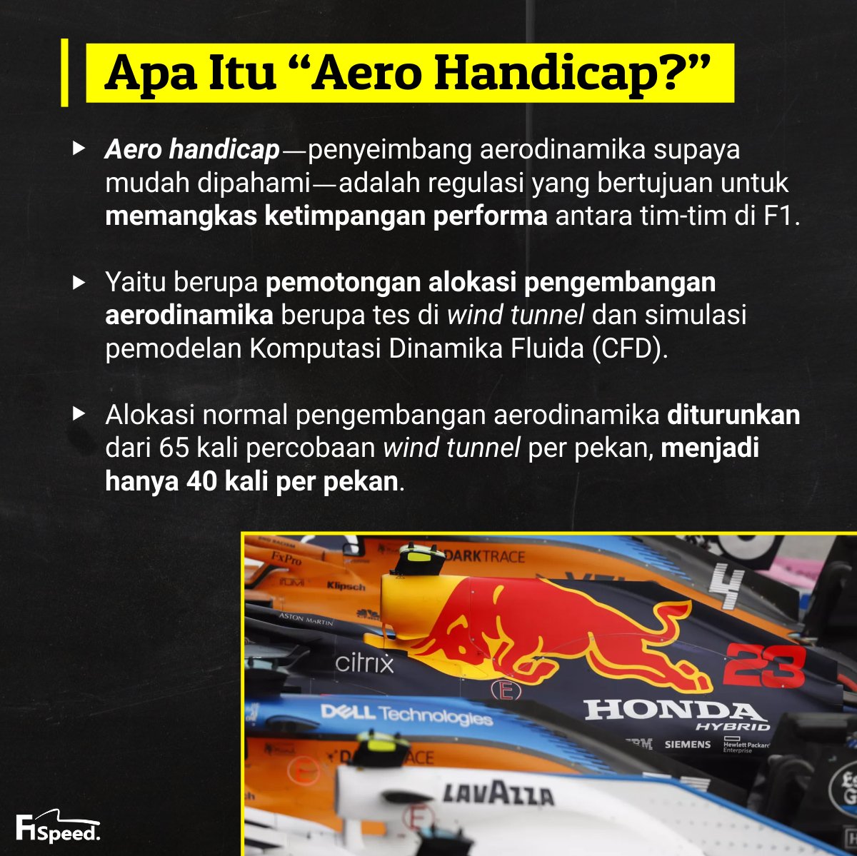 [UTAS BERGAMBAR]Kuliah 2 SKS: Mengenal Regulasi "Aero Handicap"Salah satu regulasi baru yang diperkenalkan musim ini adalah aero handicap. Ini merupakan bagian dari usaha untuk memperketat level persaingan di F1.Seperti apa regulasinya? Simak penjelasan di bawah ini, ya...