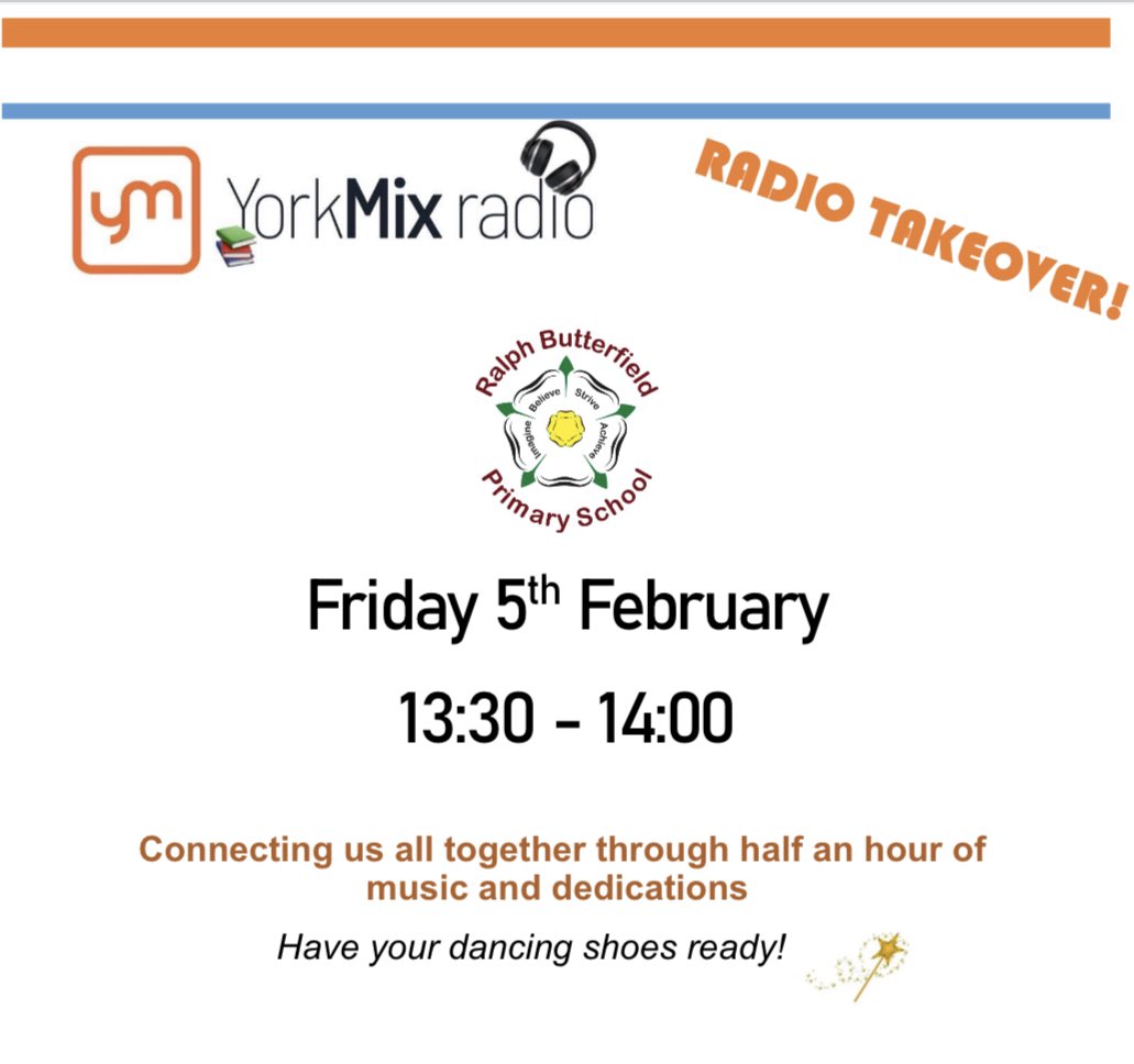 RalphBPSch_York's tweet photo. ๐ฃ RADIO TAKEOVER!
Friday 5th February ~ 1.30 - 2pm
๐ YorkMix Radio @theyorkmix
๐ป Listen along with us as we take control of the music!
#yorkmixtakeover #rbstars #community #connectivity #releasethemagic โญ๏ธ https://t.co/BWA8Y9OjKB