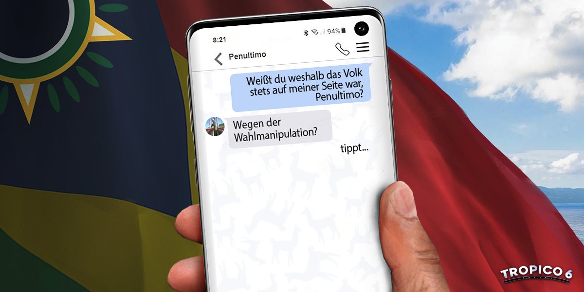 kalypsomediaDE's tweet photo. Mit der Antwort hat sich Penultimo auch schon direkt für einen kuscheligen Aufenthalt auf unbestimmte Zeit im präsidialen Lama-Stall qualifiziert! #TropicoLeaks #DictatorLife https://t.co/pfbberTJmG