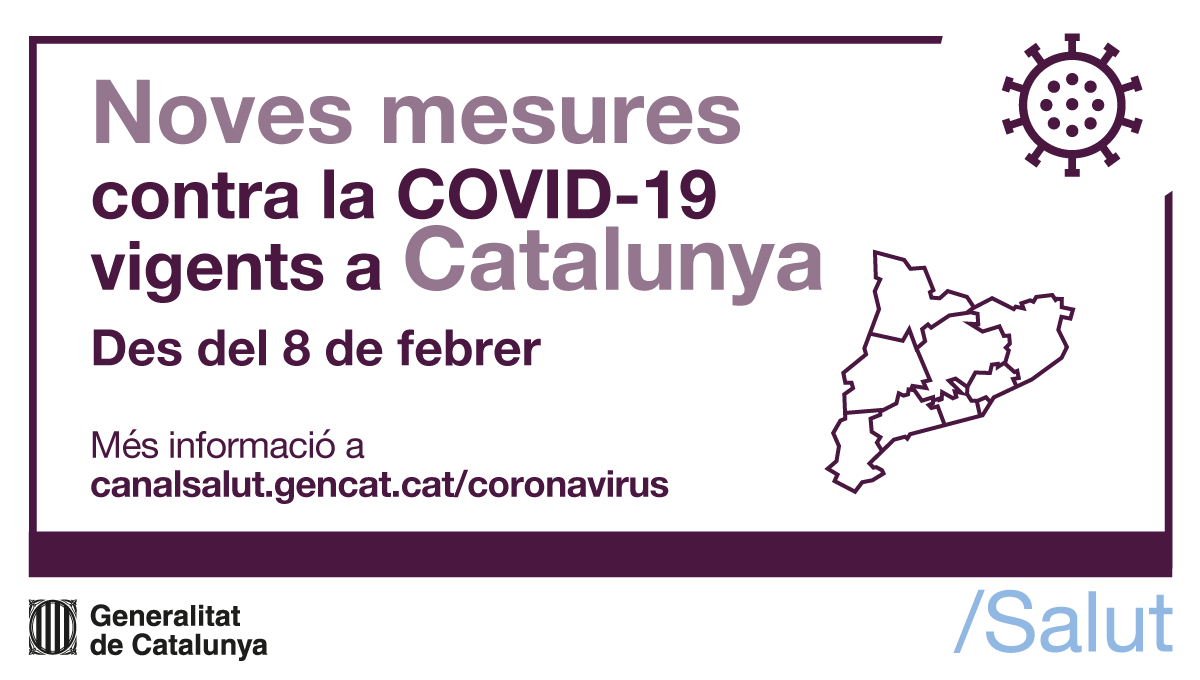 📣 Us fem arribar la informació sobre les noves mesures per fer front a la pandèmia, que entren en vigor dilluns 8 de febrer i són d'aplicació a tot Catalunya. 
Entre altres, afecten:

🚙 Mobilitat
🍽 Hosteleria
⚽ Esport

Tota la informació a ow.ly/RU6F50Dr5JZ