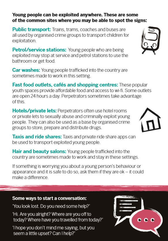 WestMidsVRP's tweet image. Working in a public space like the service, retail or transport industries, may put you in a position to spot signs of exploitation and abuse. Know how to #LookCloser and help protect young people. 

#countylines #cce #wmvru #preventviolence