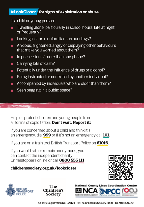 WestMidsVRP's tweet image. Working in a public space like the service, retail or transport industries, may put you in a position to spot signs of exploitation and abuse. Know how to #LookCloser and help protect young people. 

#countylines #cce #wmvru #preventviolence