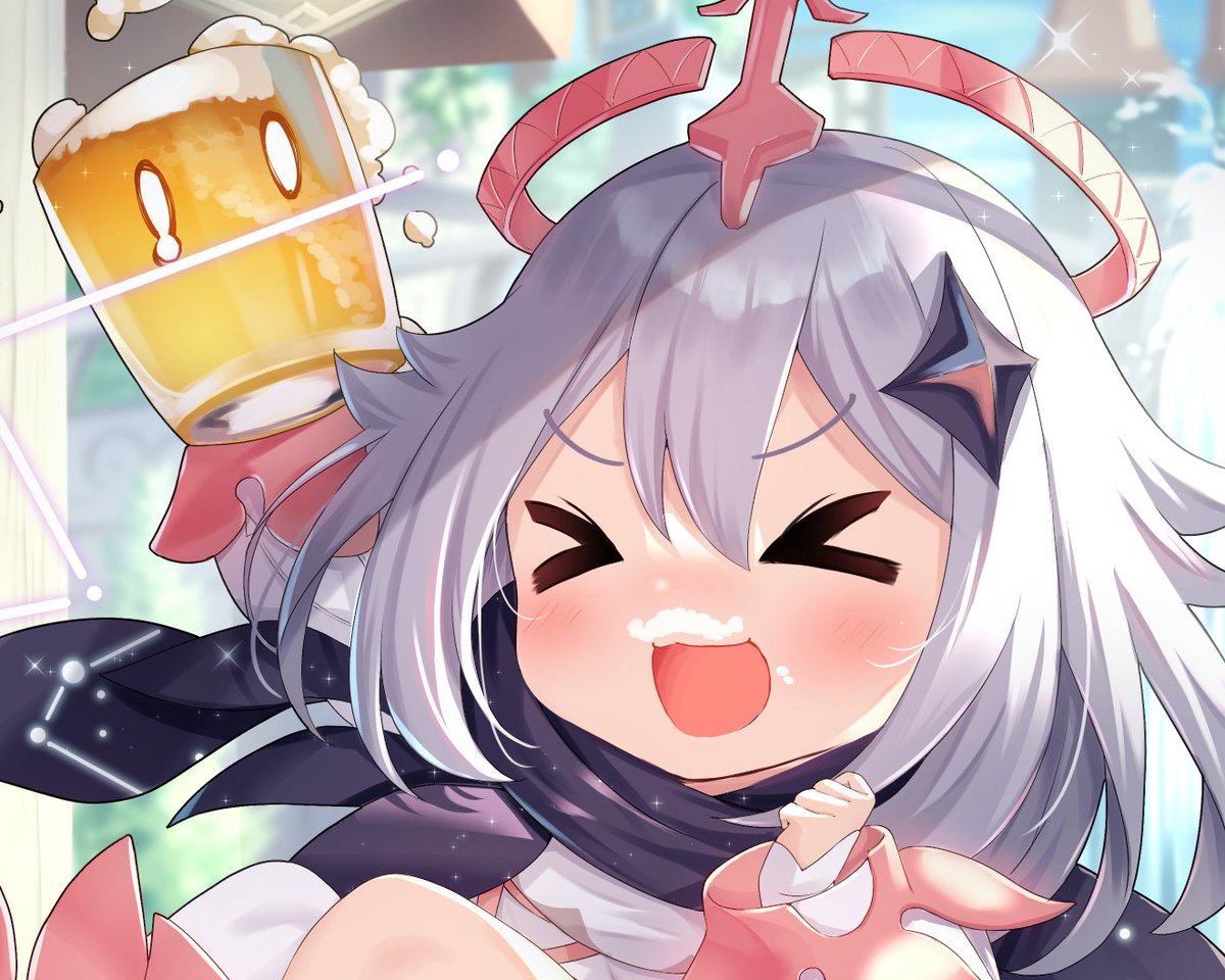 paimon (genshin impact) 1girl > < halo beer mug cup open mouth mug  illustration images