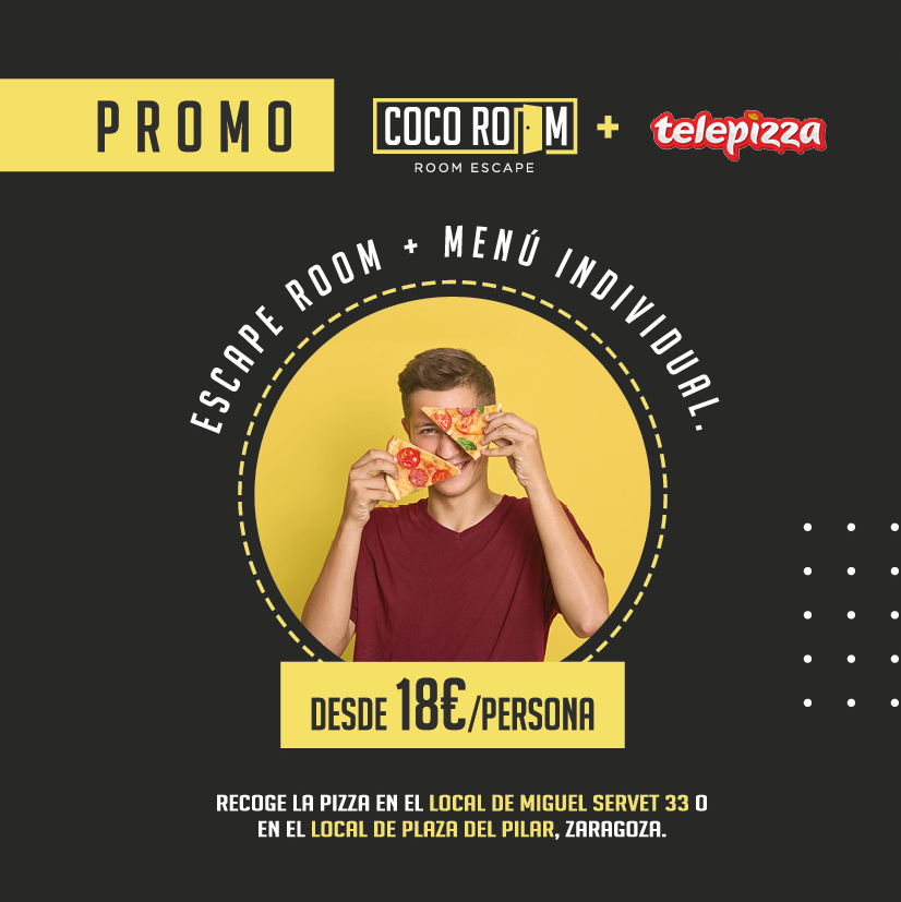 #COCOROOMERS Y #PIZZALOVERS

Si cumples estas dos condiciones, esta promo te va a encantar. Y es que seguimos queriendo invitarte a un #planazo: por 18 euros por persona combina una de nuestras salas de escape con un menú individual de Telepizza. ¿Te apuntas?