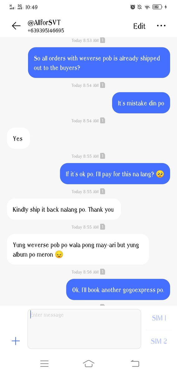 I also asked her if there's someone na may semicolon with weverse pob order and willing to ship it directly to that person para hindi doble shipping fee na babayaran ni seller. I also asked if possible na bilhin ko na lang but the album was for someone who ordered thry Synnara.