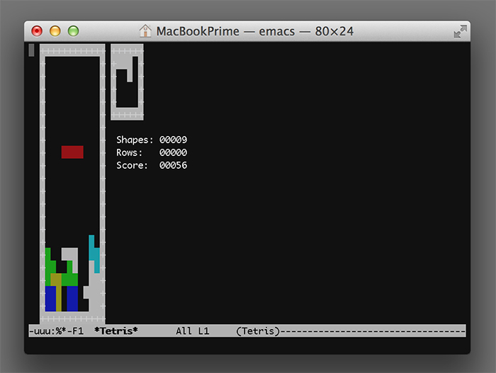 You can play Tetris on your MacOn Terminal, type Emacs then press Enter. Press Esc + X, type tetris and enter. Use the arrow keys to move and rotate your Tetris blocks.