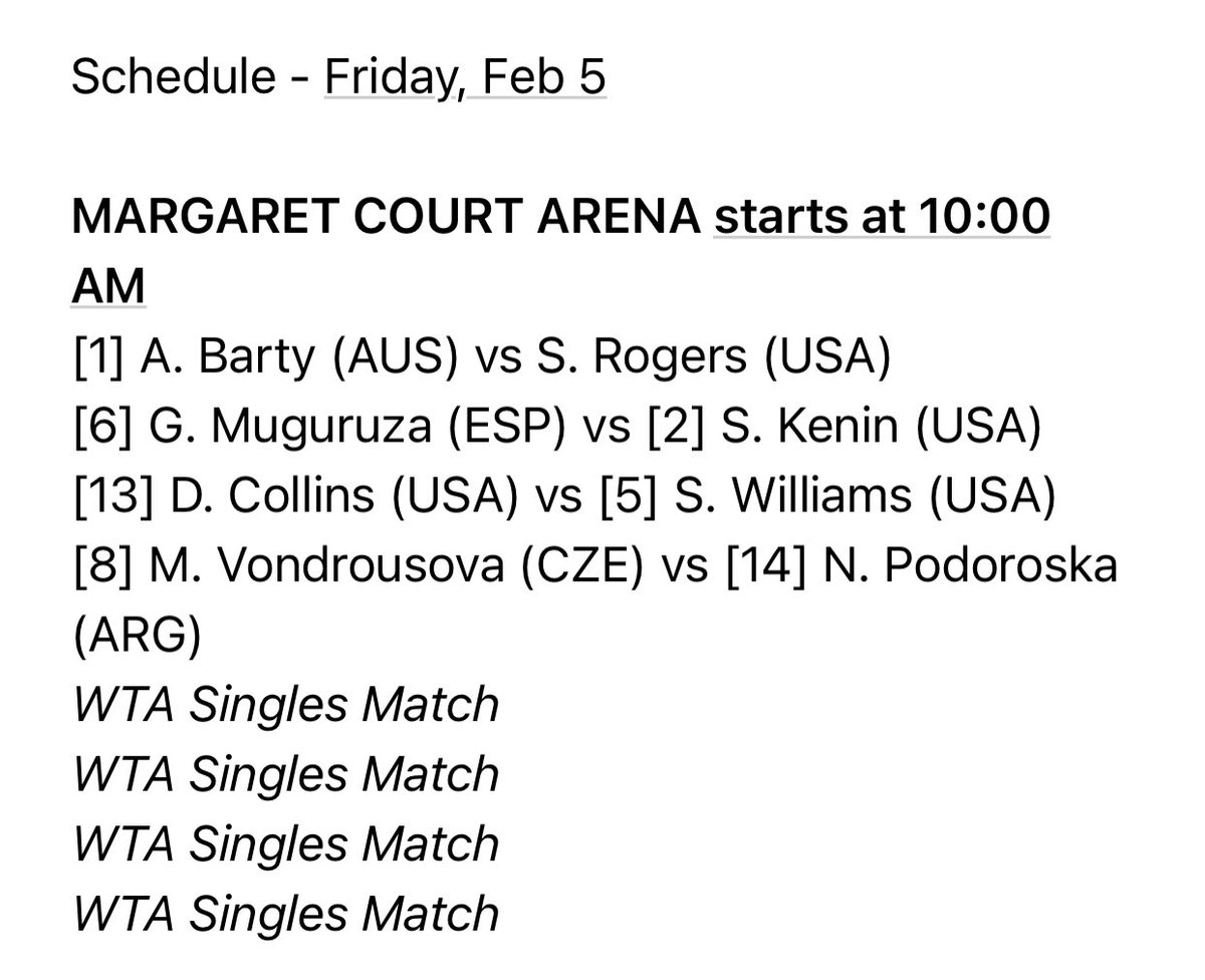 Cecilia Casla (@ceciliacasla) on Twitter photo .<a href="/GarbiMuguruza/">Garbiñe Muguruza</a> en #MelbourneWTA500
🎯 Sofía Kenin 🇺🇸
👩🏻vs 👩 2-0 Kenin
3a ✅ Pavlyuchenkova
2a ✅ Van Uytvanck
1a ✅ Bye
📆 Viernes/Friday
🕰 1:30 am aprox en España (2o después de las 10:00am local)
🏟 Margaret Court Arena
📺 wtatv.com .<a href="/GarbiMuguruza/">Garbiñe Muguruza</a> en #MelbourneWTA500
🎯 Sofía Kenin 🇺🇸
👩🏻vs 👩 2-0 Kenin
3a ✅ Pavlyuchenkova
2a ✅ Van Uytvanck
1a ✅ Bye
📆 Viernes/Friday
🕰 1:30 am aprox en España (2o después de las 10:00am local)
🏟 Margaret Court Arena
📺 wtatv.com