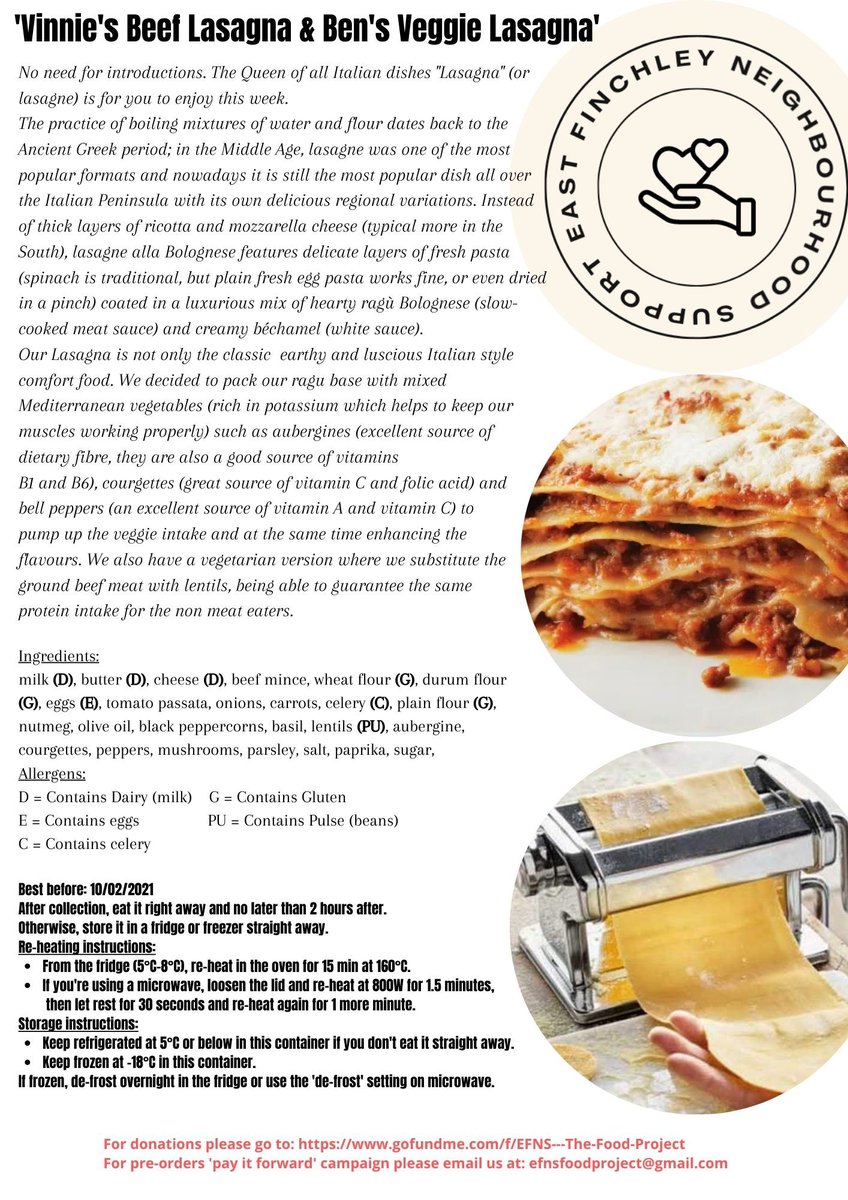 Giuk985's tweet photo. Hello #eastfinchley #efns #thefoodproject is back! Next Tuesday our double version of #Lasagna will take the stage! Do not forget to pre order your free meal or ‘pay it forward’ for someone else in need in our community! #barnet #finchley #charity #helpingothers https://t.co/L0ZF4FxGvT