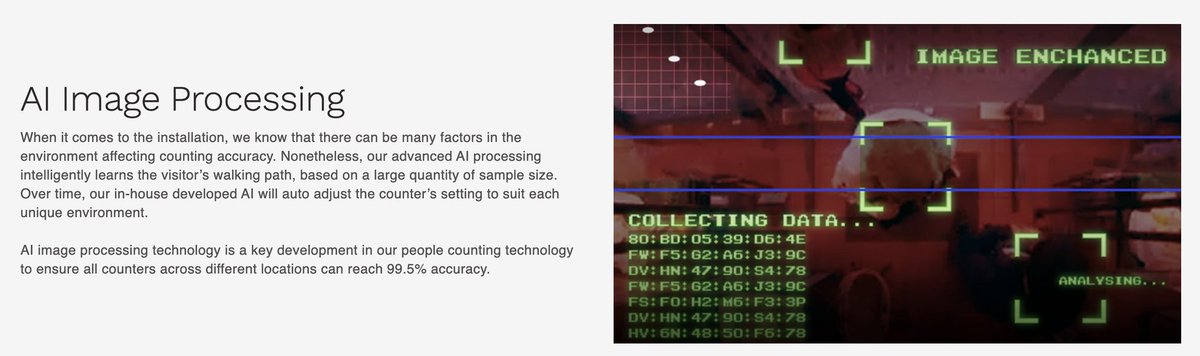 So what more do they say about their product on their website?AI image processing? No, you must mean an opensource library, conveniently called "Footfall".It uses machine learning (Tensorflow) and LITERALLY uses the same example code as the library.15/n