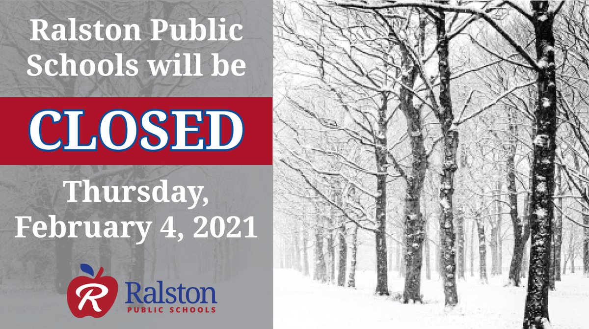 Due to inclement winter weather, Ralston Public Schools will be CLOSED on Thursday, February 4, 2021.  This includes the Lil' and Tiny Rams programs.  Friday, February 5th will be a Red Square day.  Please monitor weather conditions and stay safe.