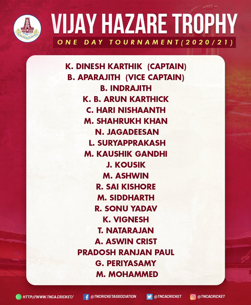 DCENTDEVTECH's tweet image. Best limited overs squad in #India 

#Tamilnadu #TNCA #VijayHazareTrophy