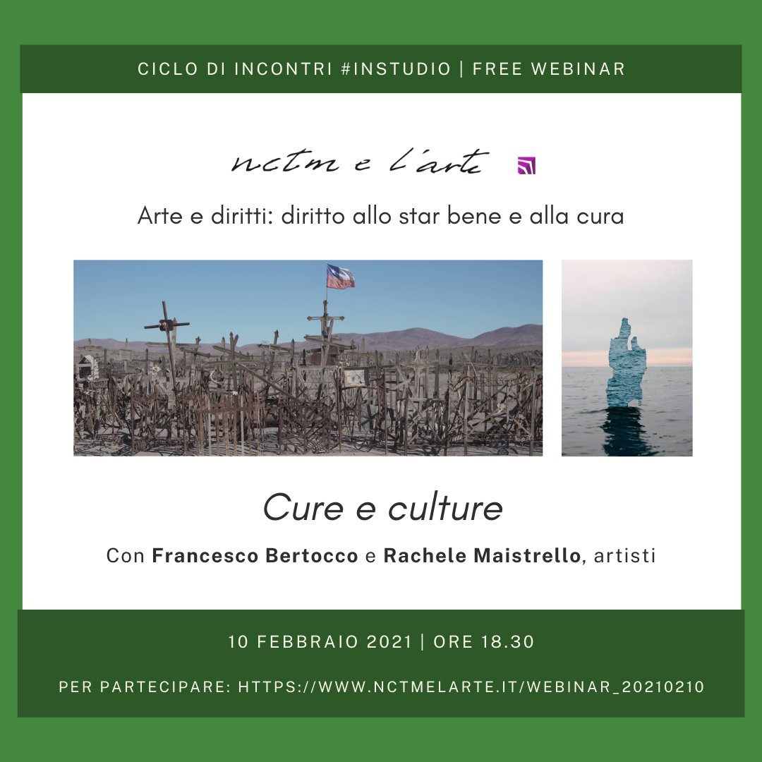 Il prossimo incontro dedicato alla #salute e al diritto allo #starbene darà spazio alla pratica artistica di #FrancescoBertocco e di #RacheleMaistrello.
💻#Webinar⁠ in italiano⁠
🗓10 febbraio, ore 18.30
📌Per partecipare: nctmelarte.it/webinar_202102…
#nctmelarte #IncontriInStudio