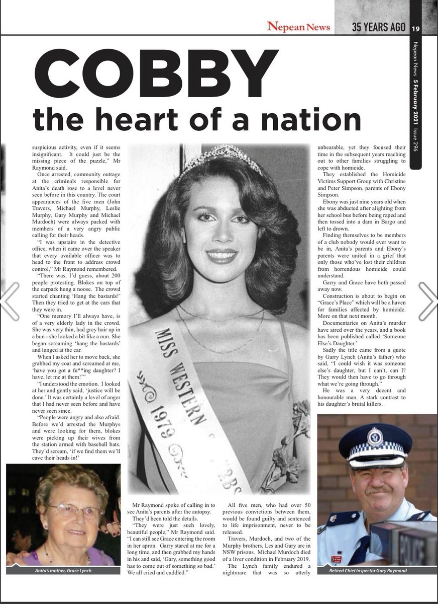 35 years ago today Anita Cobby’s mutilated body was found in Reens Rd Prospect. Our Editor Kerrie Davies has interviewed Detectives who worked on the case and written a tribute article reflecting on the crime that shook Australia to its core. 
Hard copies out tomorrow.