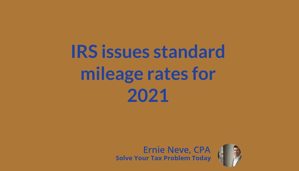 solveirsproblem's tweet image. The standard mileage rate for business use is based on an annual study of the fixed and variable costs of operating an automobile.

Read the full article: IRS issues standard mileage rates for 2021
▸ lttr.ai/cmEv

#Irsproblem #Taxproblem #Irsfreshstart