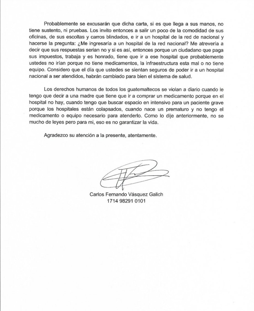 Ya que nunca me dijeron a donde mandar mi carta y no lo conozco personalmente, la publico. Creo haber escrito el sentir de cada medico guatemalteco. De un ciudadano para otro ciudadano diputado <a href="/AlvaroArzuE/">Alvaro Arzú 🇬🇹</a>