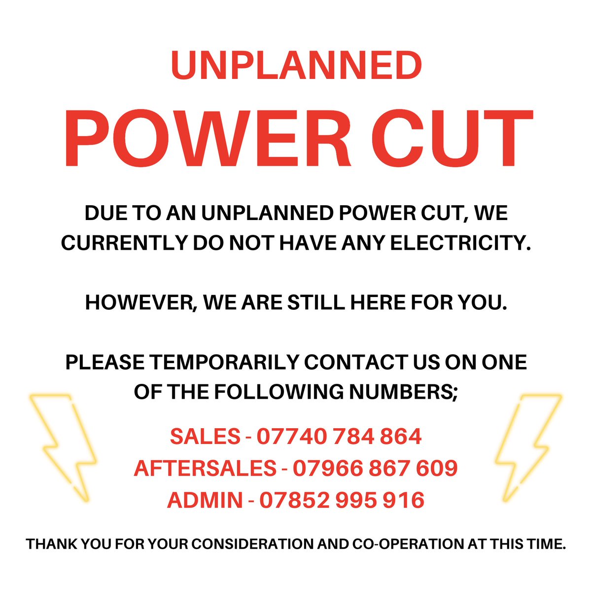 ⚡️ Unplanned Power Cut ⚡️

Please share so we can reach all of our customers. Thank you 💚

#powercut #update #transcity #walthamstow #skoda #škoda #london