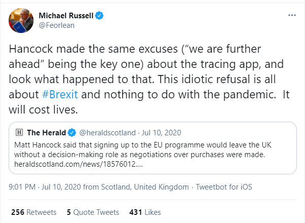 Here is the all-seeing, all-knowing Mike Russell He said the "idiotic refusal will cost lives."But Scotland would have fewer vaccines if the UK had listened to the rantings of this egotist.It turns out  @Feorlean that *your* idiotic plan would have cost lives.