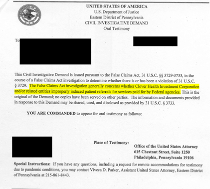  $CLOV has not disclosed that its business and its software, called Clover Assistant, are under investigation by the DOJ, which is investigating at least 12 issues from kickbacks to marketing practices according to a Civil Investigative Demand (similar to a subpoena) we obtained