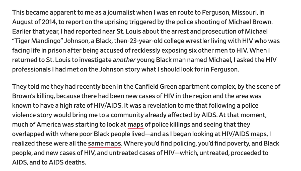 Viruses help us to see the cracks in society—even among ppl not directly infected by them. As I wrote in  @Slate last summer, I started noticing this when I covered Michael Johnson in STL, then Michael Brown—& realized Ferguson had a high rate of HIV  https://slate.com/news-and-politics/2020/06/black-lives-matter-viral-underclass.html