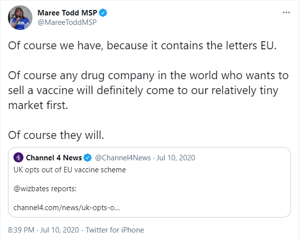 Here's another SNP minister who doesn't have a clue what they're on about. Presenting:  @MareeToddMSP. The vaccine opt-out , she said, was "like watching a deliberate car crash in slow motion."Utterly reckless, misleading nonsense.