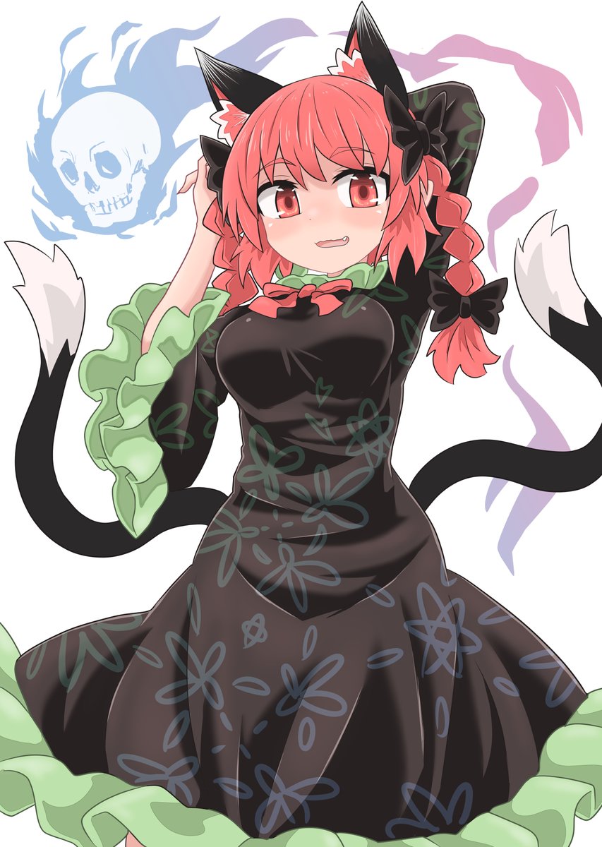 kaenbyou rin 1girl animal ears dress red bowtie red hair tail red eyes  illustration images