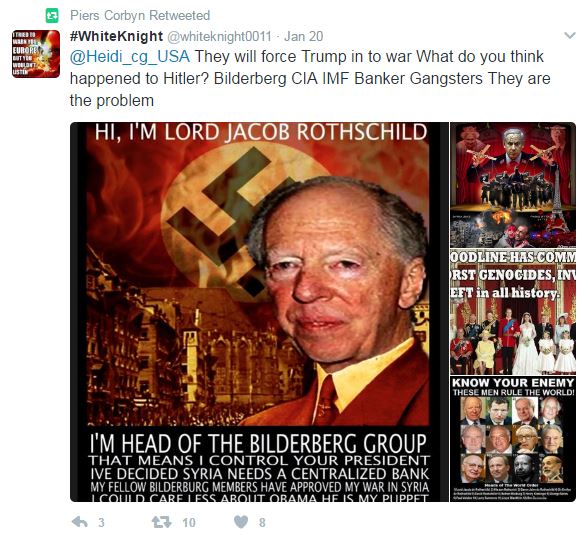 Piers Corbyn invoking Nazi persecution of his ex-wife's Jewish family to refute the charge of antisemitism, might be more convincing if he didn't retweet antisemitic Nazi memes made by actual Nazis with a picture of Adolf Hitler on their bio. Generally a good rule of thumb that