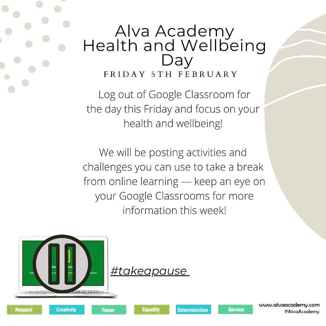 Heads of House Team from the Wellbeing Hub (@alva_guidance) on Twitter photo Tomorrow=Health and Wellbeing Day part of #childrensmentalhealthweek2021 π
Take time out with some healthy activitiesβ€οΈππππ
L 'Express Yourself' for bonus house points and share with us some of your activities. Tag your house #cleuch and <a href="/Alva_Guidance/">Heads of House Team from the Wellbeing Hub</a>
<a href="/AlvaAcademy/">Alva Academy</a> Tomorrow=Health and Wellbeing Day part of #childrensmentalhealthweek2021 π
Take time out with some healthy activitiesβ€οΈππππ
L 'Express Yourself' for bonus house points and share with us some of your activities. Tag your house #cleuch and <a href="/Alva_Guidance/">Heads of House Team from the Wellbeing Hub</a>
<a href="/AlvaAcademy/">Alva Academy</a>