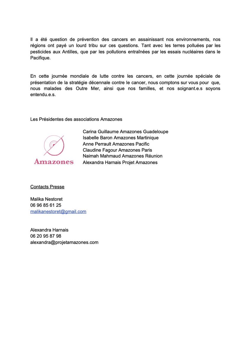 #JourneeMondialeContreLeCancer 
La voix des #outremer 
Lettre ouverte des patient.e.s à <a href="/EmmanuelMacron/">Emmanuel Macron</a> 
<a href="/gouvernementFR/">Gouvernement</a> 
@lesoutremer 
<a href="/ultramarins/">Délégation Interministérielle Français d'Outre-mer</a> 
<a href="/Sante_Gouv/">Ministère de la Santé</a> 
<a href="/Institut_cancer/">Institut national du cancer</a> 
<a href="/RoseUpAsso/">RoseUp Association</a>