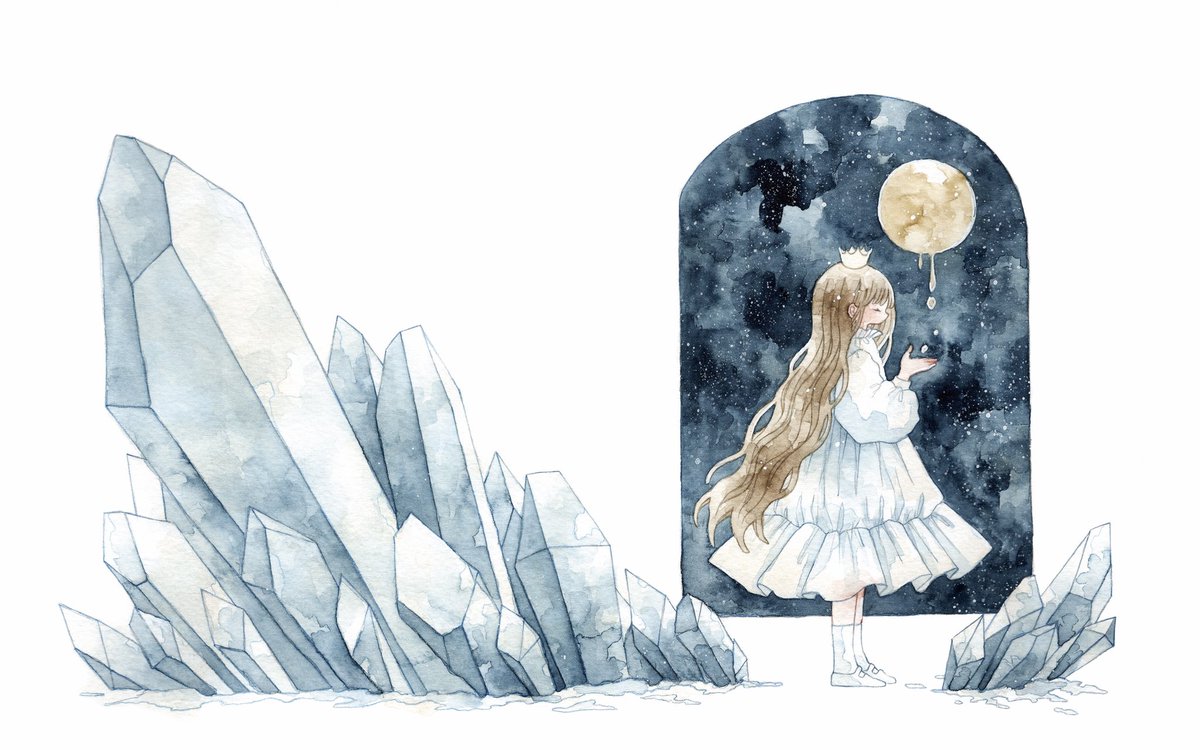 1girl dress long hair white dress crystal moon solo  illustration images