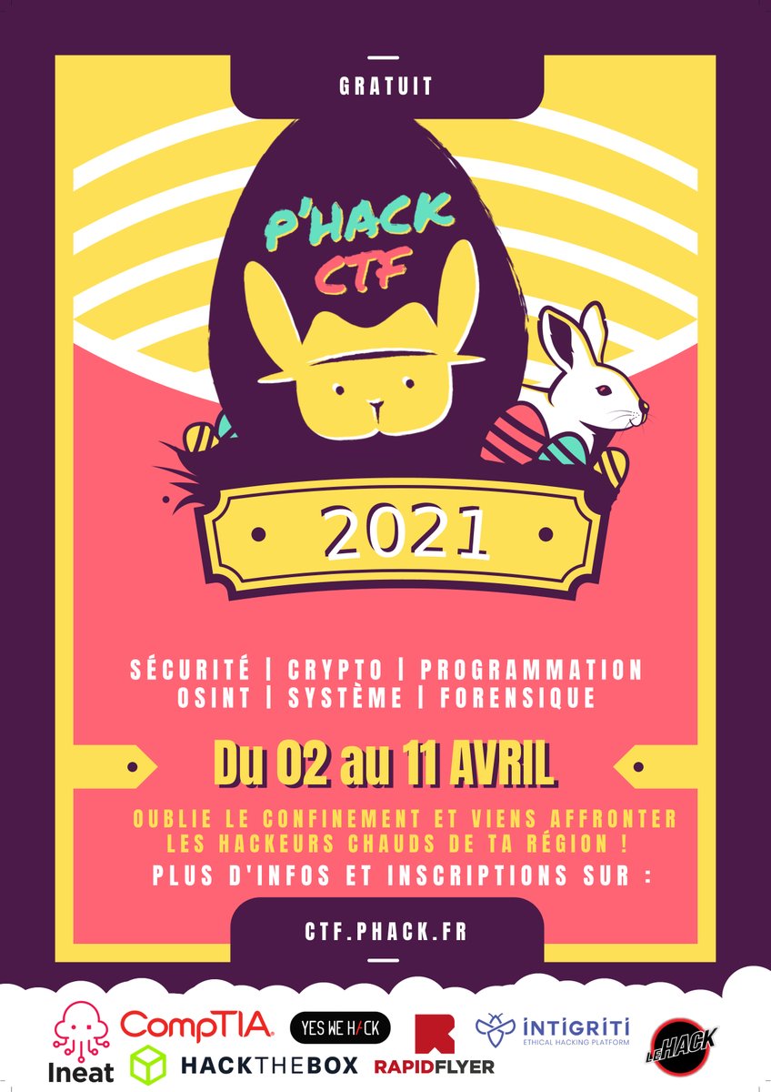 🔥Et c'est parti ! 🔥

Vous aimez la sécu ? Vous voulez prouver au monde entier que vous êtes le meilleur ? Ou juste vous amuser un peu pour oublier le confinement ?

On vous attend ! 🤟

Inscriptions : ctf.phack.fr
Discord : discord.gg/dMqPzkPFC3

#ctf #infosec